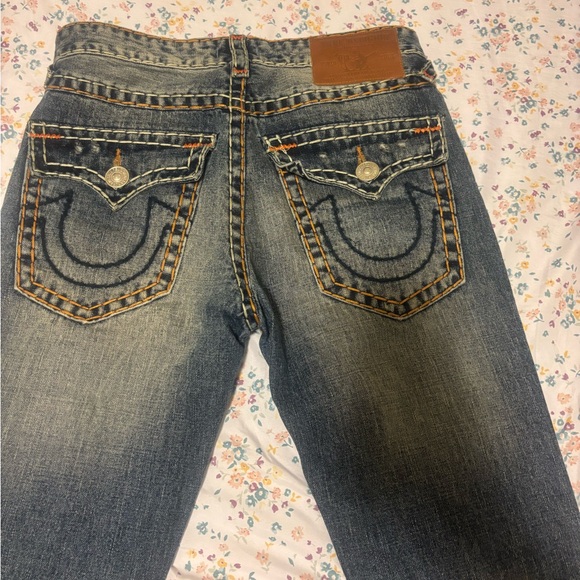 True Religion Blue Denim with Tan Leather Patch